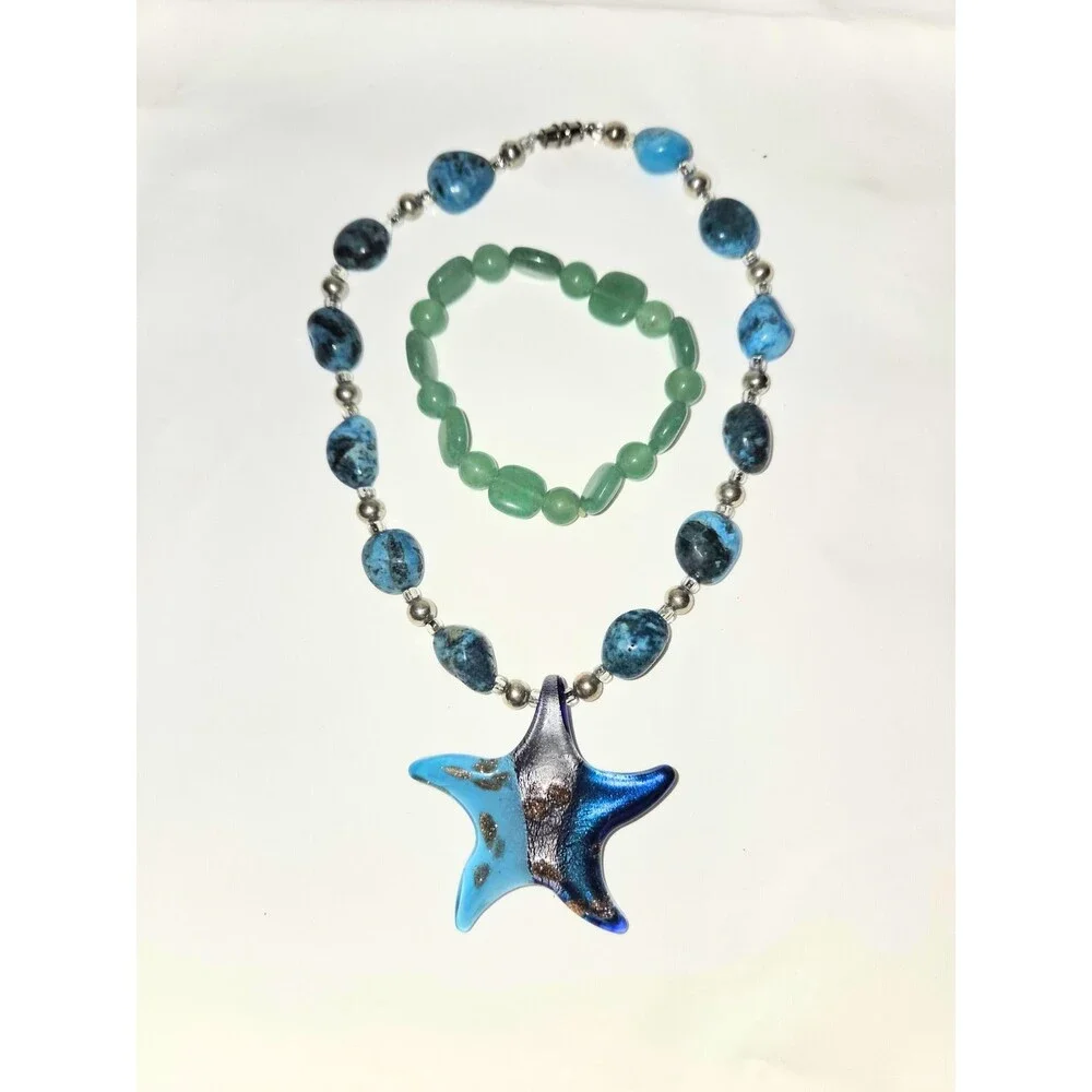 Blue Art Glass Starfish Pendant Beaded Necklace & Green Stretch Bracelet Set